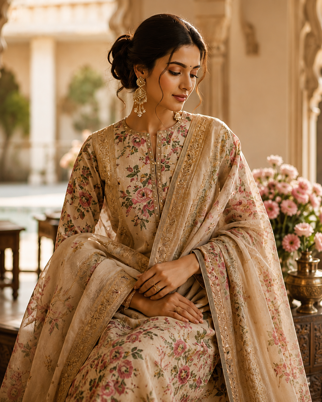 Woman wearing an elegant Poshak Mandi suit
